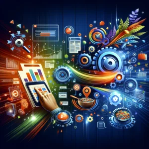 "Illustration der Feed-Optimierung im E-Commerce, darstellend digitales Marketing, Preisvergleich und Produktfeed-Analyse auf Online-Plattformen, in lebhaften Farben und modernem Design.