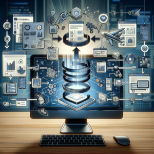 Moderne Darstellung der Datenerfassung für E-Commerce: Computerbildschirm zeigt die Sammlung von Produktinformationen wie Titeln, Bildern und Beschreibungen, die in ein CSV-Format umgewandelt werden, symbolisiert durch effiziente und automatisierte Integration in ein Geschäftssystem.
